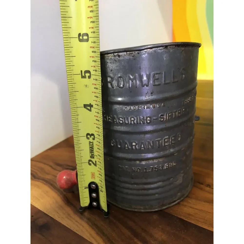Antique Bromwell Metal Flour Sifter with Red Wood Knob Turn Handle USA